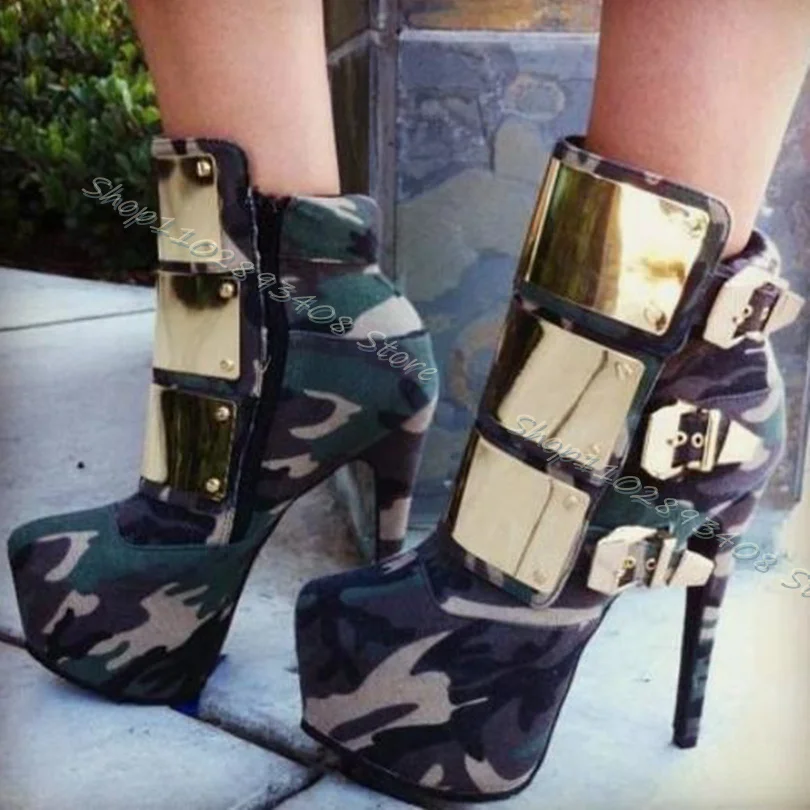 Camouflage Color Metal Decor Boots Platform Buckle Side Zipper Stiletto Ankle Boots Women Fall Glitter Shoes Zapatos Para Mujere