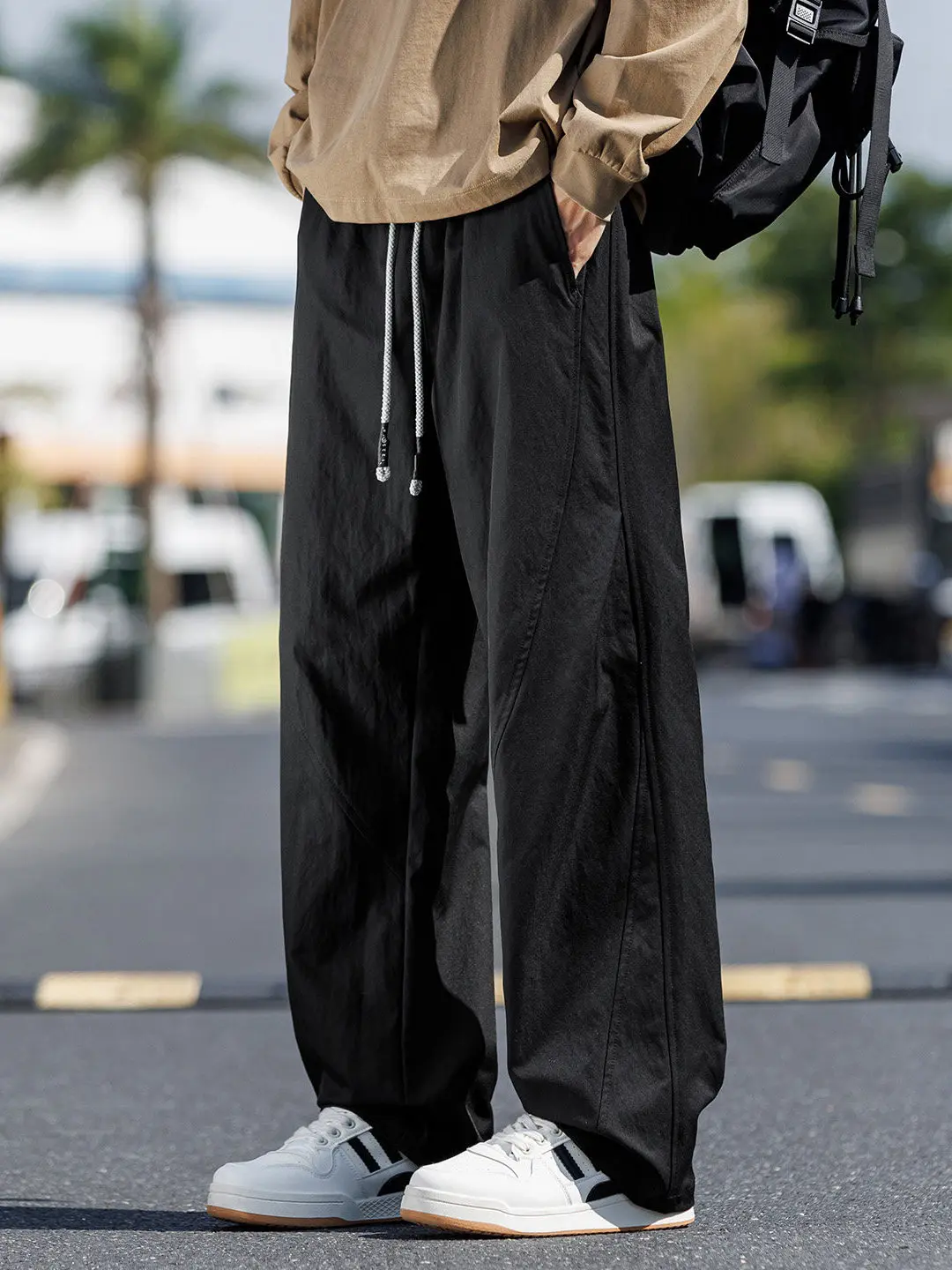 plus Size Black Casual Pants Men's Loose Wide Leg Trousers Autumn Trendy Drapey Knife Pants Elastic Waist Straight Leg Trousers