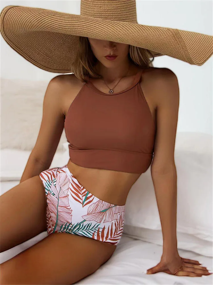 Women High Waist Bikini Set 2024 Covering Belly Hot Spring Swimsuit Printing Woman 2 Piece Swimwear Sexy Beach Swim Bathing Suit