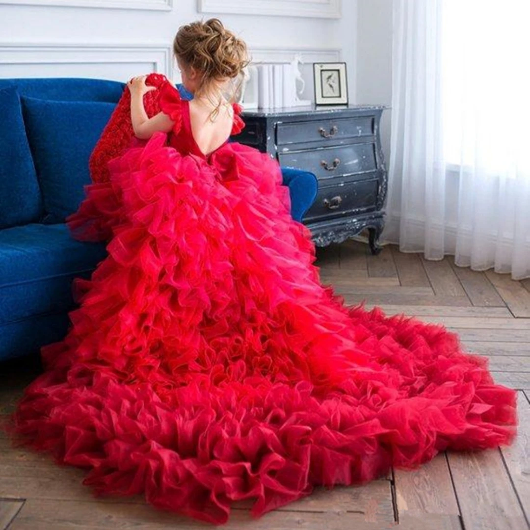 Vestido de florista em camadas inchado com aplique, O-pescoço, vestidos de princesa para casamento, festa infantil, aniversário, vestido de baile, vermelho, 2024