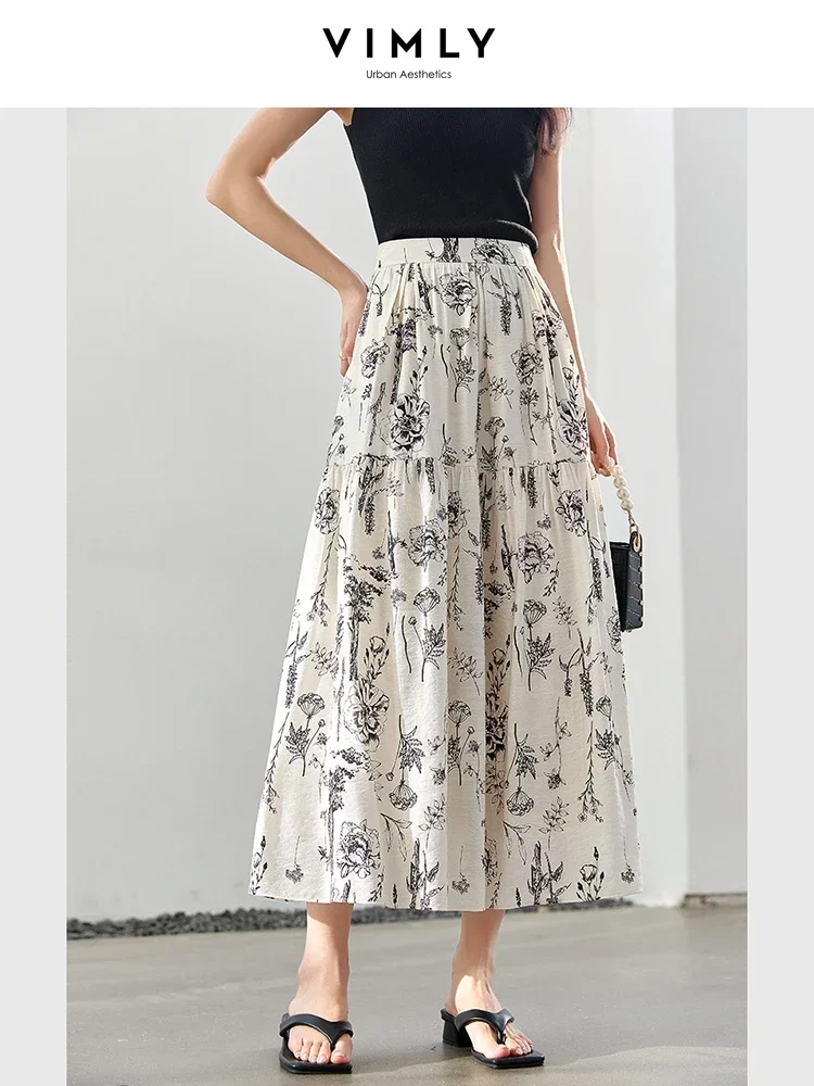 VIMLY 女性エレガントシックな花柄プリントプリーツスカート 2025 秋オフィスレディ弾性ウエスト A ラインスイングミディレディーススカート A0093