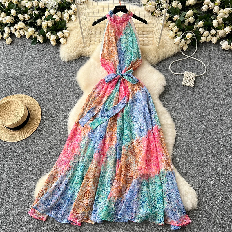 

2025 Summer Vacation Hanging Neck Dress European American Sleeveless Strap Waist Sexy Printed Chiffon Long Dress C177