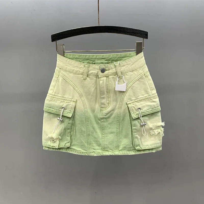 [zoci] Sweet Workwear Pocket Hole Denim Short Skirt Women 2024 Summer New High Waist A-line Hip Hugging Skirt