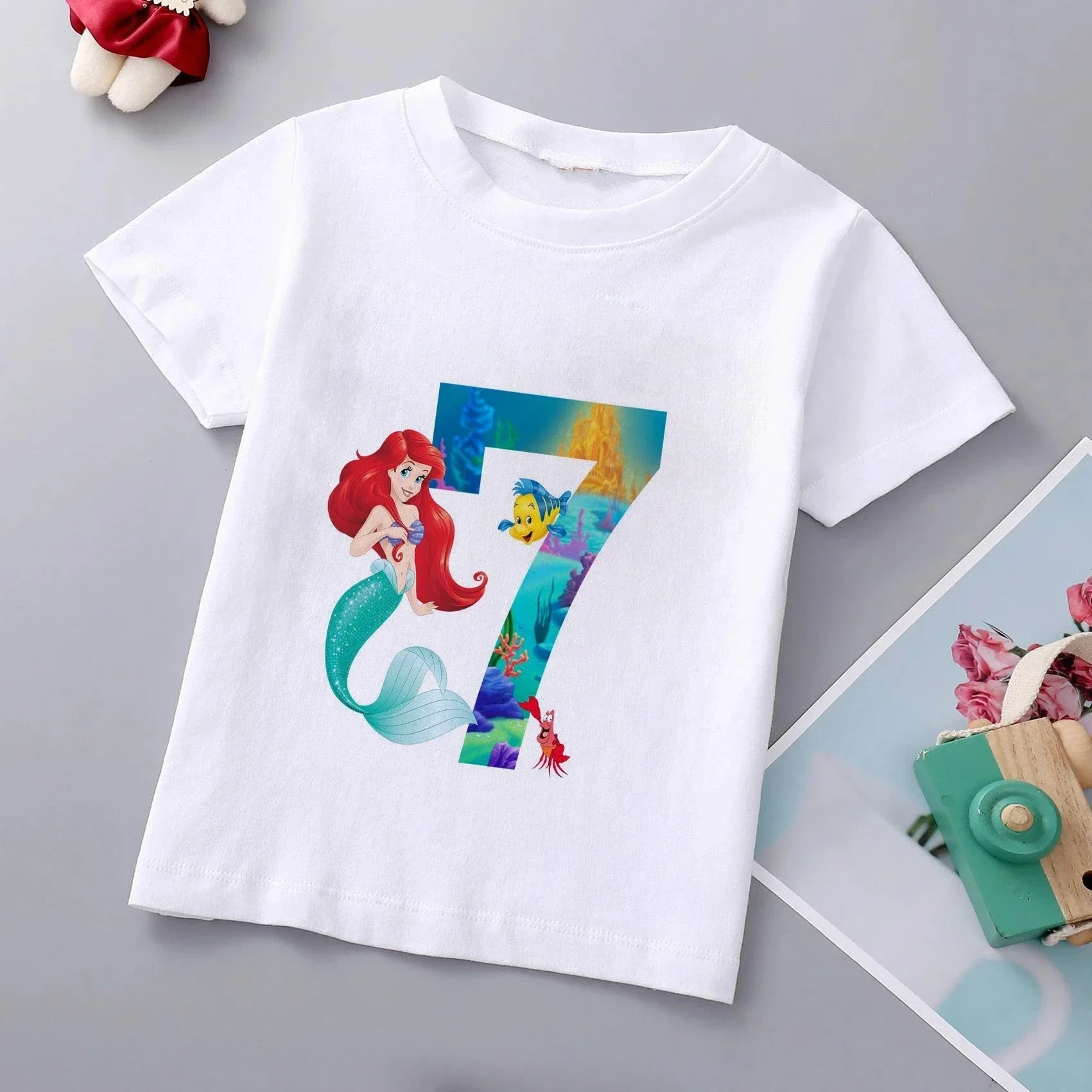 Mermaid Ariel Princess Print Children Clothes Brand Disney Girls Cotton T Shirt Cartoon Baby Tee Top 1-9 Year Kid Birthday Gift