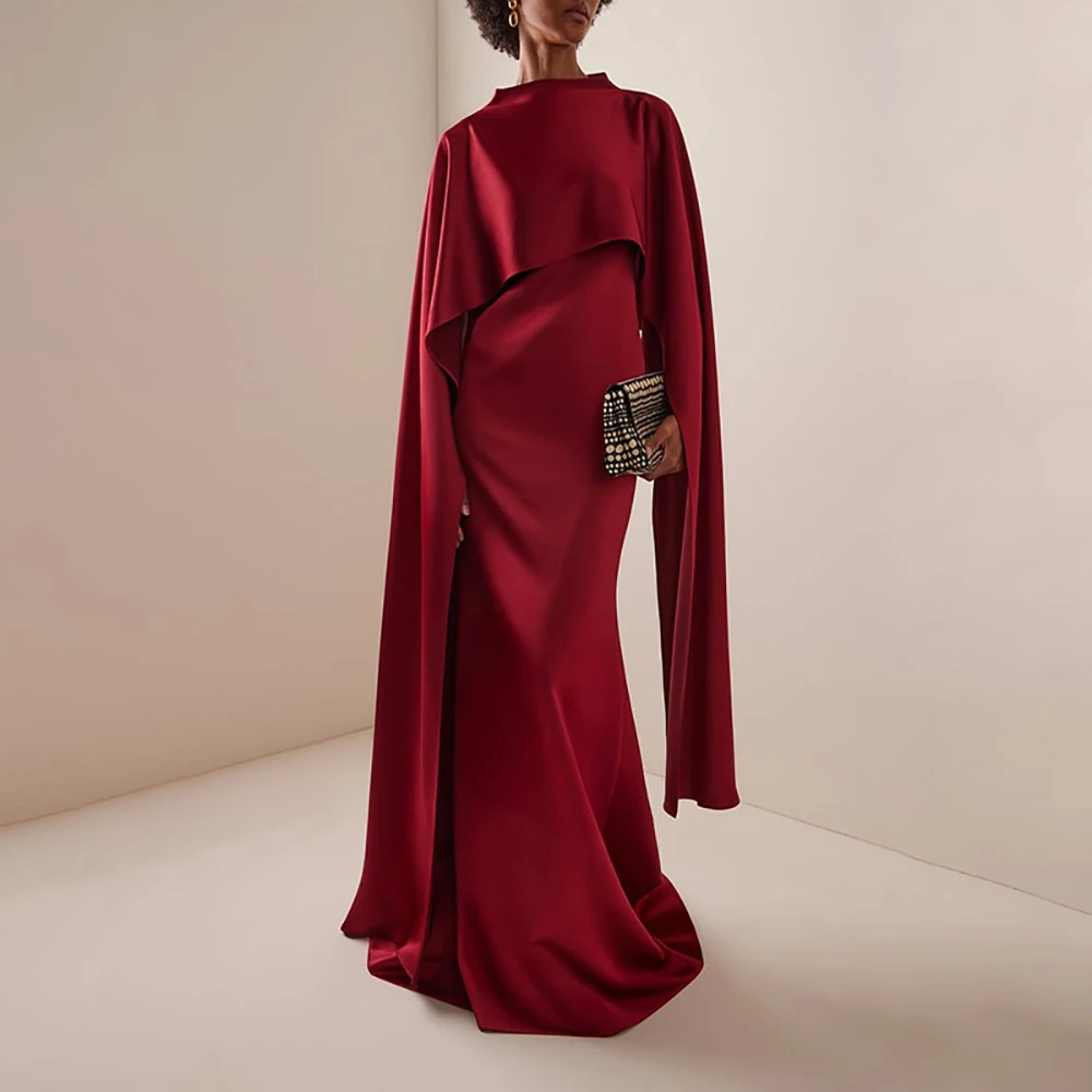 

Women's Satin Fake Two Pieces Elegant Evening Dress Solid Crew Neck Long Sleeve Shawl Dress For Female Wedding Prom Gown Dresses
