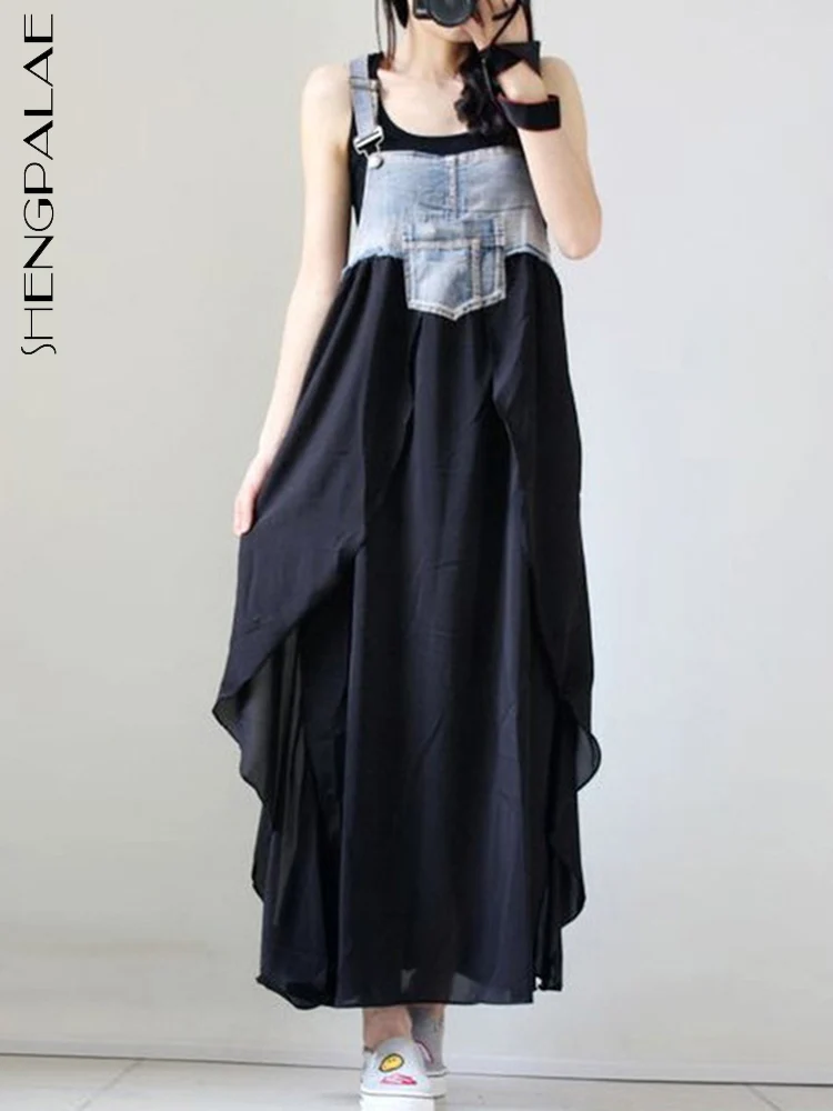 SHENGPALAE Chic Style Denim Strap Dress Women Casual Square Collar Sleeveless Color Block A Line Dresses 2025 Spring 5G588