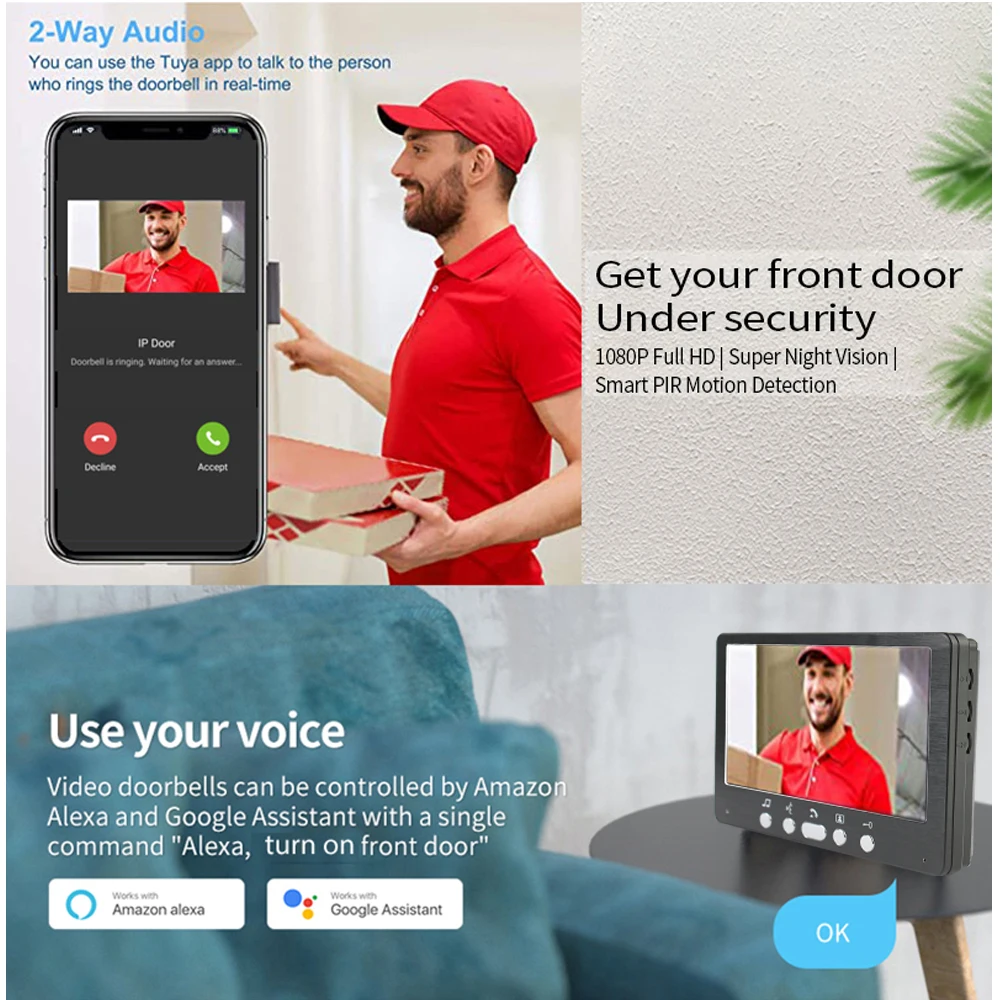 Videoportero WIFI de 7 pulgadas para apartamento, timbre de vídeo con cable, cámara 1080P con contraseña y desbloqueo RFID, Tuya