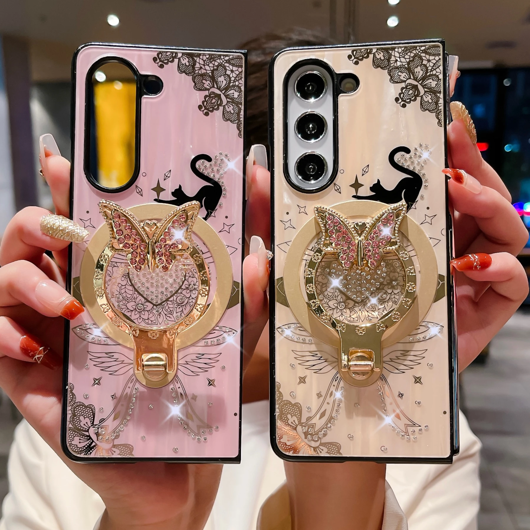 

TYBOMB Luxury Pearl Strap Flower Magnetic Ring Holder Case for Galaxy Z Fold 6 Z Fold 5 4 Wireless Charging Folding Phone Cover