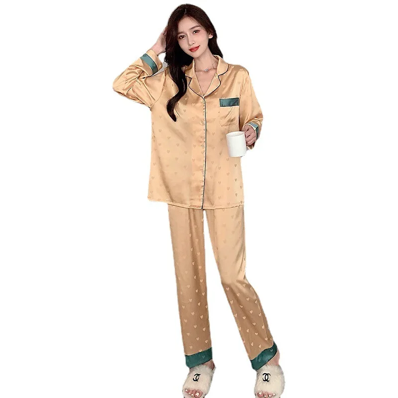 Top Autumn New Ice Silk Women Pajama Lapel Button Cardigan Outfits for Women 2 Piece Set Fashion Printing Set Clothes for Women 4