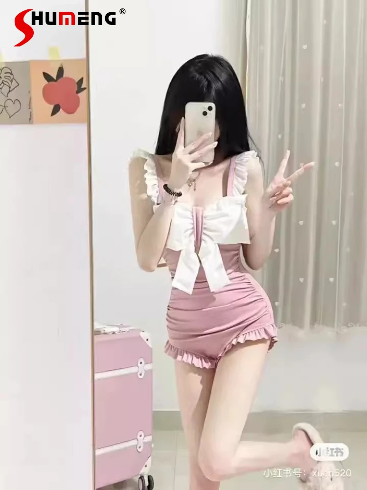 

Japanese Sweet Cute Girl Pink One-piece Swimsuit Summer Bow Hollow High Waist Slim Sleeveless Sling Swimwear Bathing Suit Women
