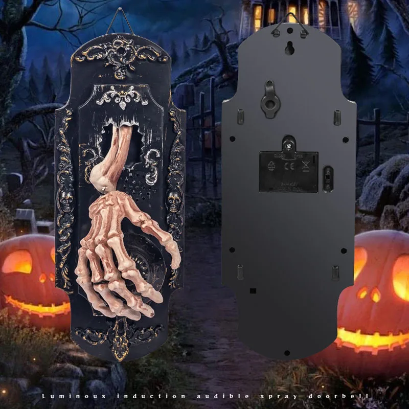 Parodia di Halloween Sensore campanello Spray Serratura per porta Suono creativo che emette luce Sensore tattile Layout di scena Casa stregata Scherzo Prop