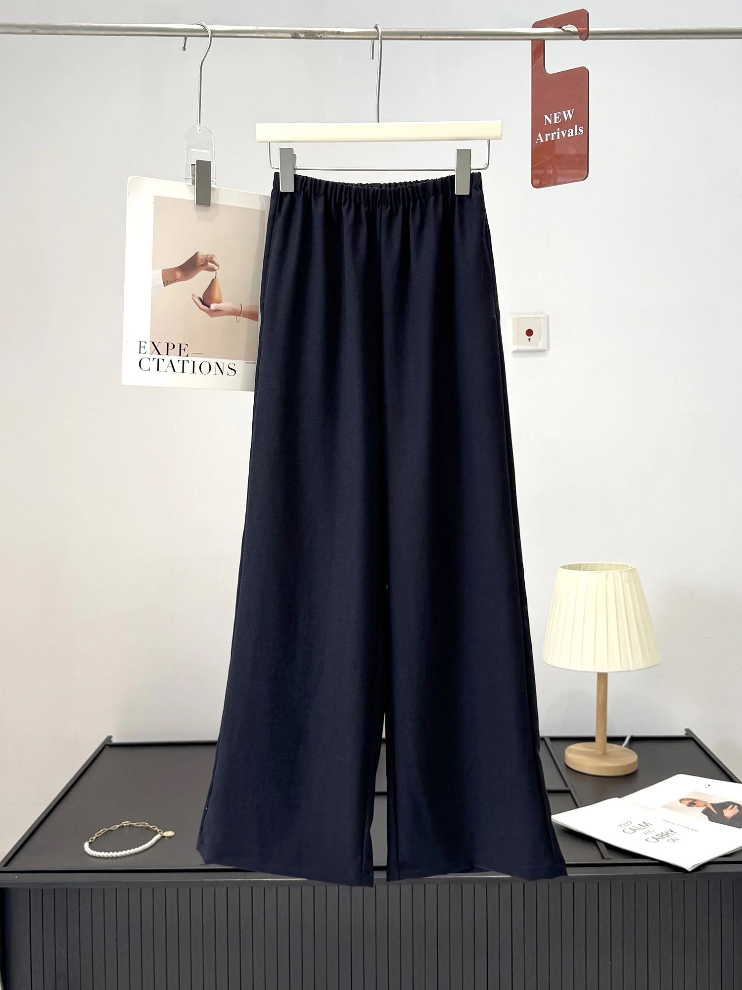 Lightweight Draped Linen Wide Leg Pants Anti-Wrinkle Pure Color Casual Trousers for Women Summer High Waist Elastic Waist
