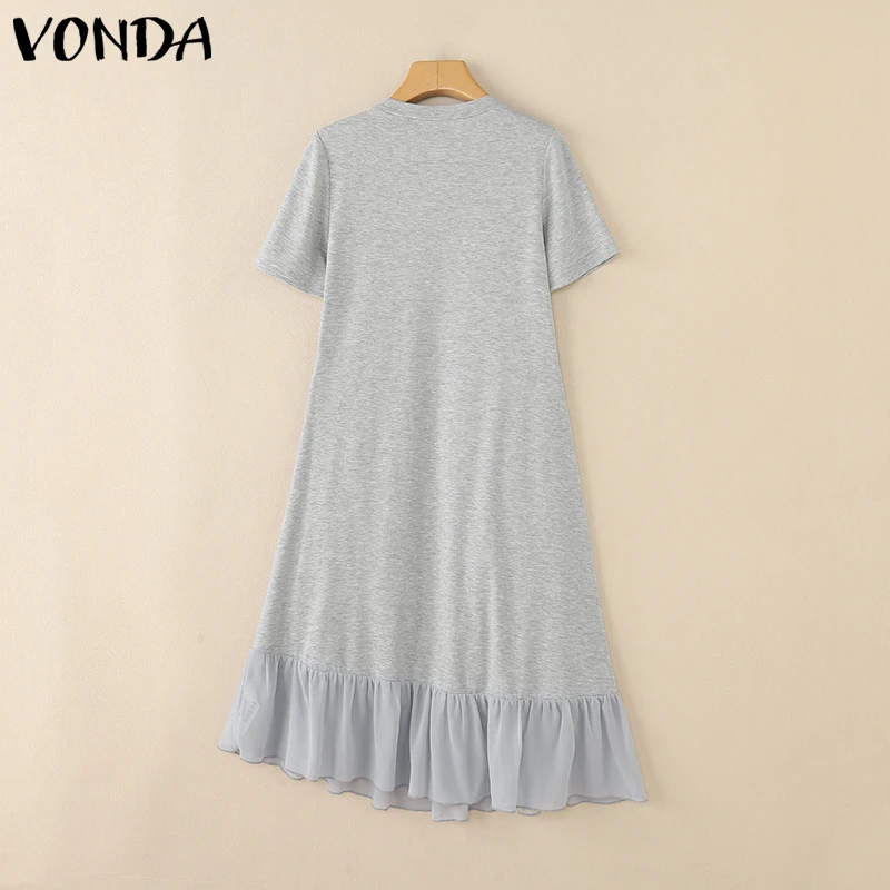 VONDA Damska Długa Sukienka Koszulowa 2025 Letnia Plisowana Sukienka Midi w Jednolitym Kolorze Krótki Rękaw Okrągły Dekolt Luźna Codzienna Sukienka na Imprezę Vestidos