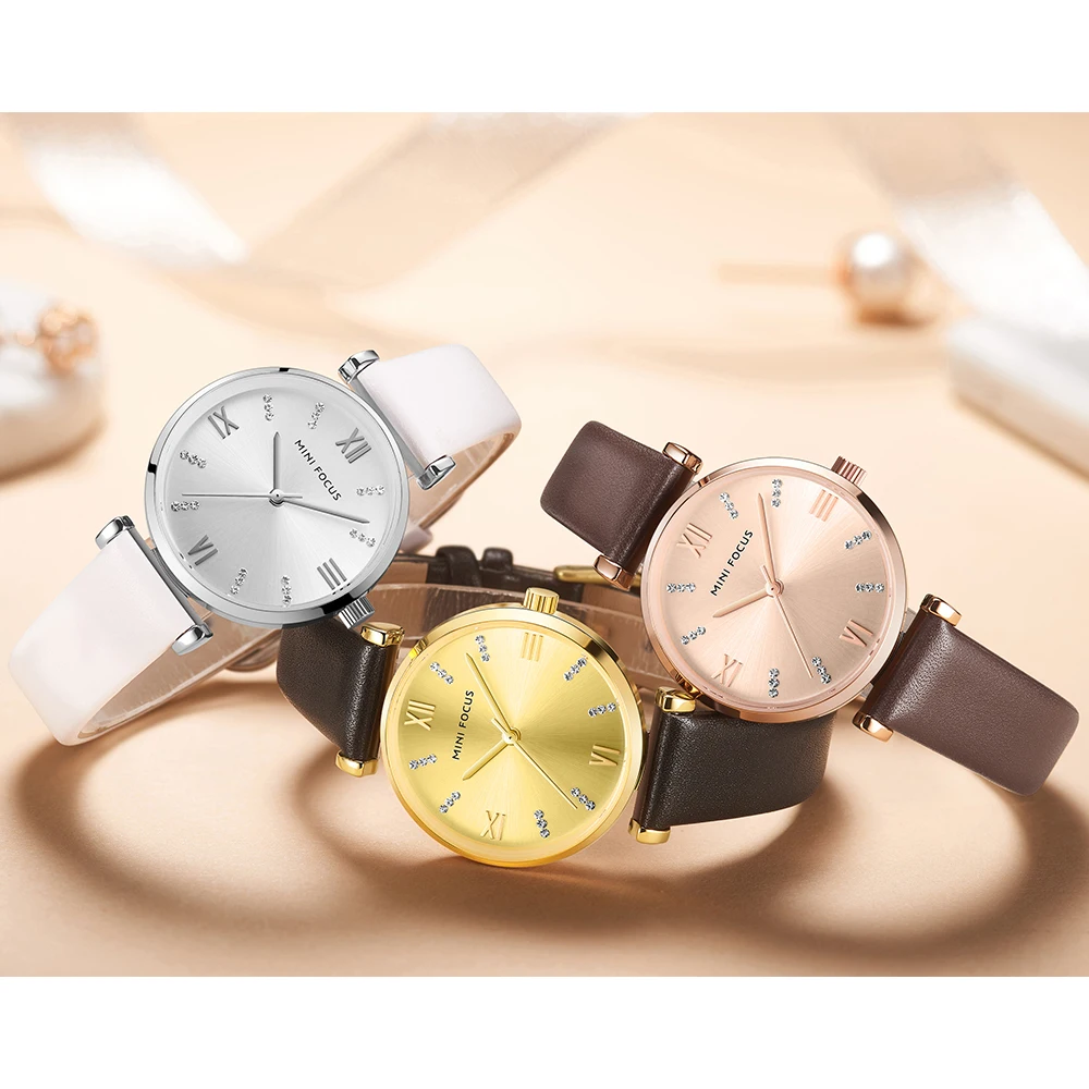 MINI FOCUS MF0335L Elegant Women Watch White Genuine Leather Strap Waterproof Ladies Dress Quartz Watches