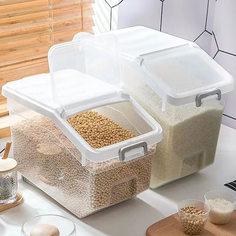 Rice Storage Box with Dispenser, Bean Container, Cereals Bucket, Grain Storage Jar, Pet Food Container, Kitchen Organizer Tools,