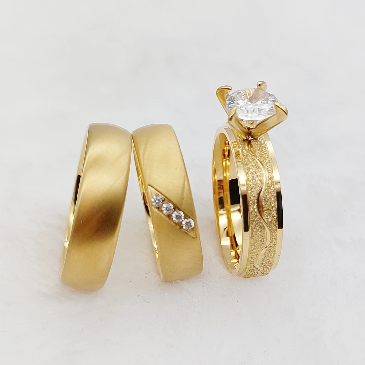 Lover's Alliances 3pcs Wedding Engagement Rings Sets For Couples Handmade Matte Frosted 24k gold plated Jewelry cz Promise Ring