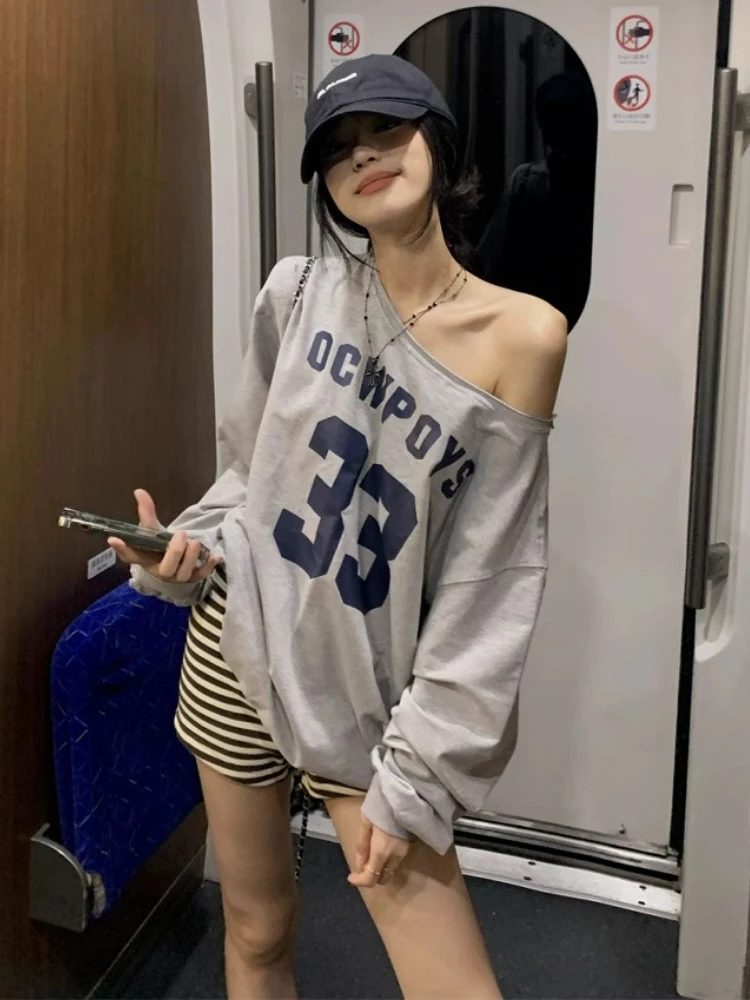 

Aesthetic Kpop Vintage Y2k Letter Print Pullover Women Summer Loose Casual Top Streetwear Sloping Shoulder Oversized Tops Korean
