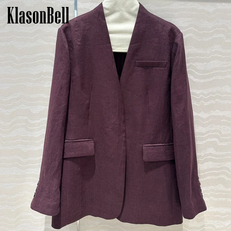 

7.30 KlasonBell Women Clothes Fashion Temperament Linen V-Neck Mid-Length Blazer Single Button Thin Long Sleeve Jacket