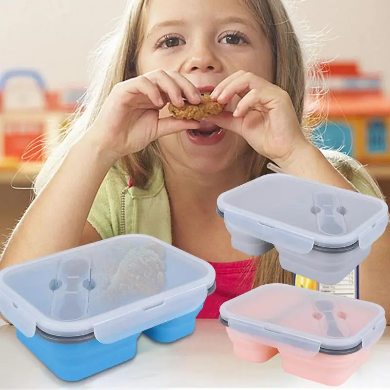 Silicone Lunch Box Folding Food Storage Container Boxes for Adults Children, 2-Compartment, Microwaves & Freezer, BPA Free