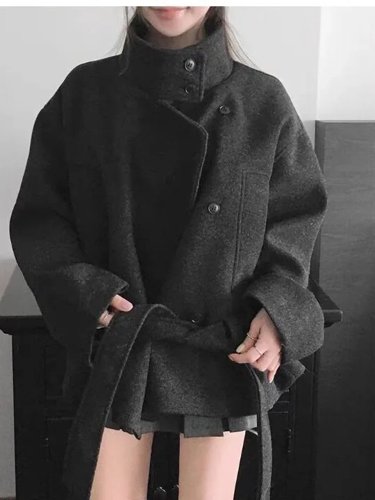 Black Woolen Coat Women's Winter New Style Loose Silhouette Small Size Belted Tweed Coat Thick Casual Style Online Exclusive