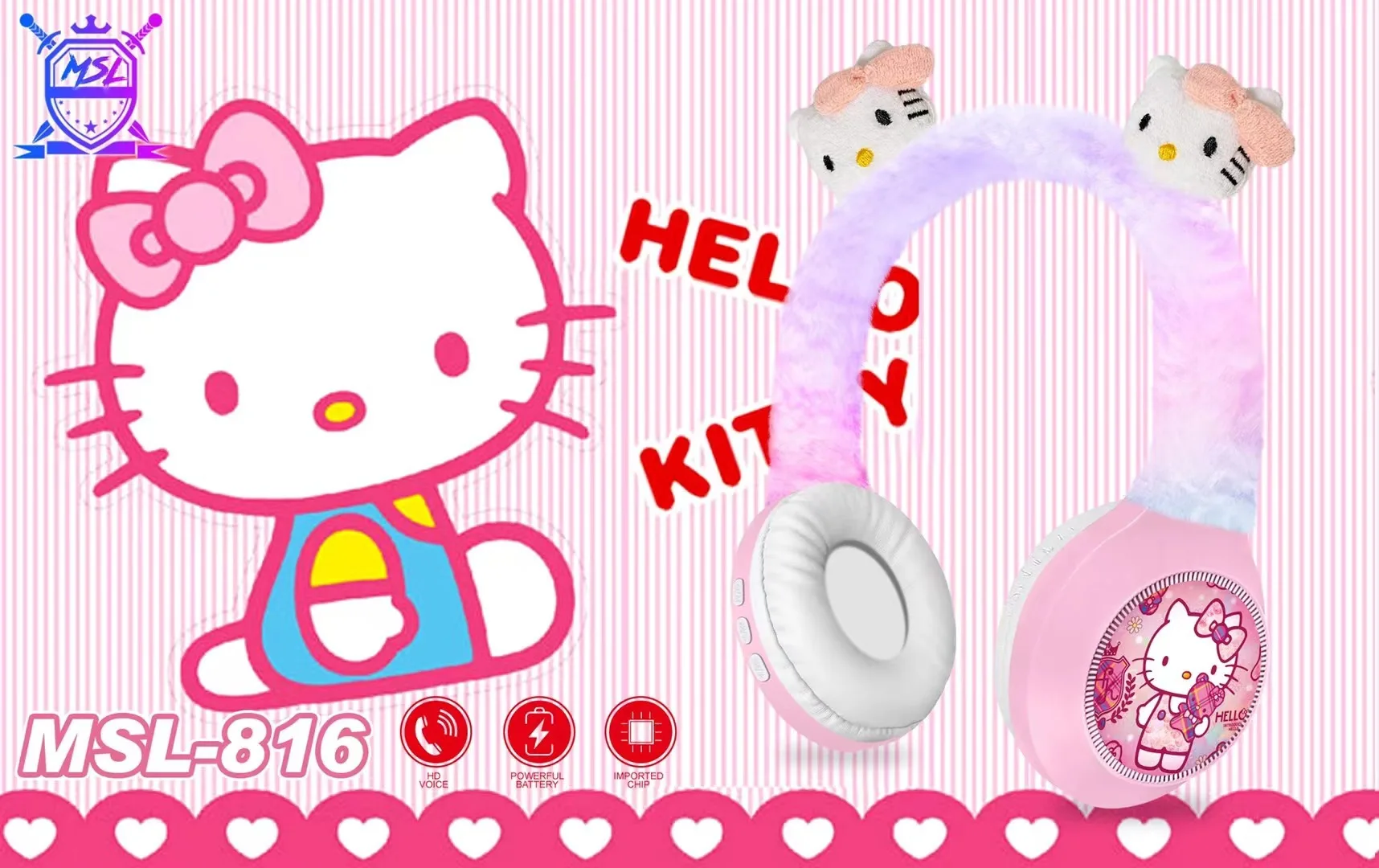 New San Liou StitchHello Kitty Wireless Bluetooth Earphones MSL-816 HIFI Stereo Plush Earphones with Mic Children's Cartoon