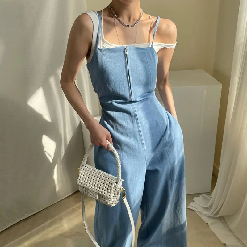 Vintage Zipper Wide Leg Double Pocket High Waist Straight Jumpsuit Women White Black Y2k Rompers Strap Denim Pants