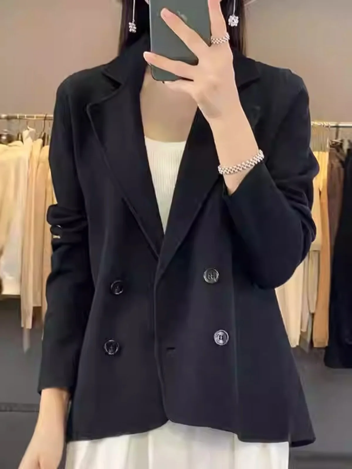 

Spring 2026 Double-Faced Cashmere Woolen Coat Short Tailored Lapel Women's Slimming Outerwear Commute Style Pure Color