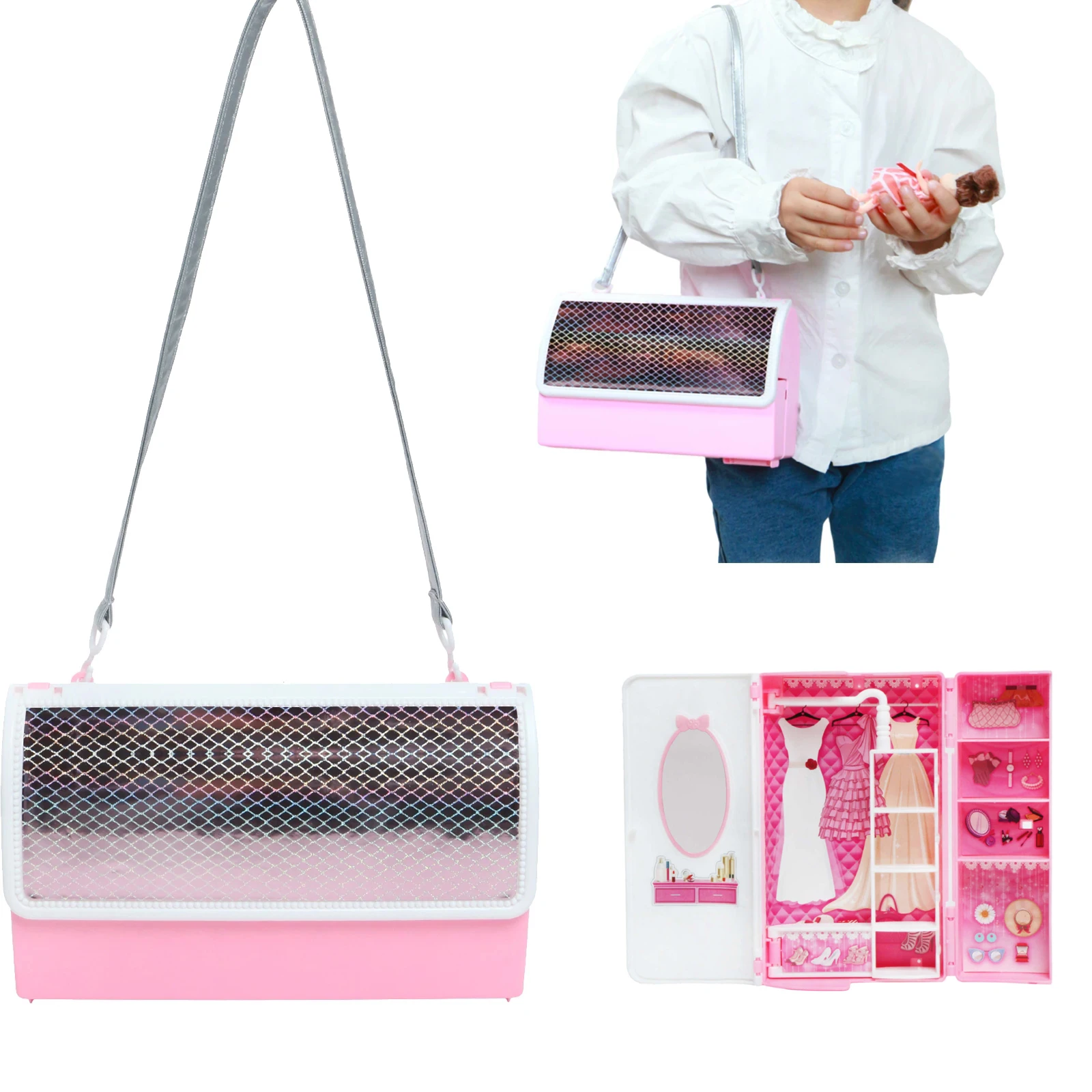 

Cute Dollhouse Furniture Dolls Wardrobe Portable Closet Can be Crossbody Bag Playing Accessories for Barbie Game DIY Kids Toys
