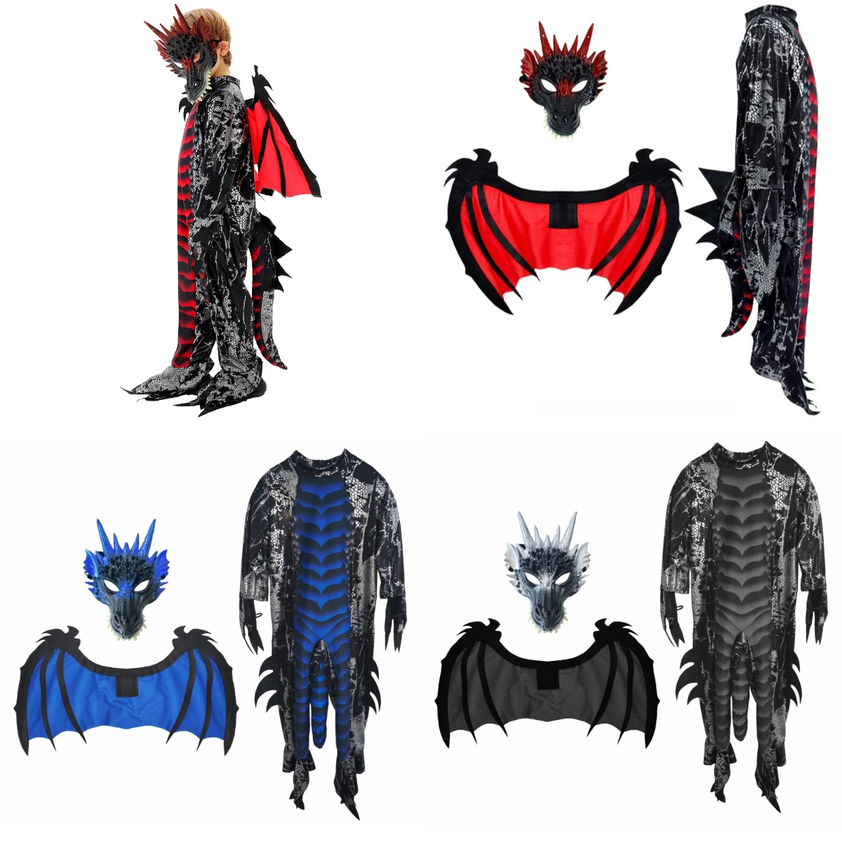 Boys Girls Devil Dinosaur Role-playing Costume Children Halloween Cosplay Outfit Kids Party Dress Up Jumpsuit Wing Mask Set