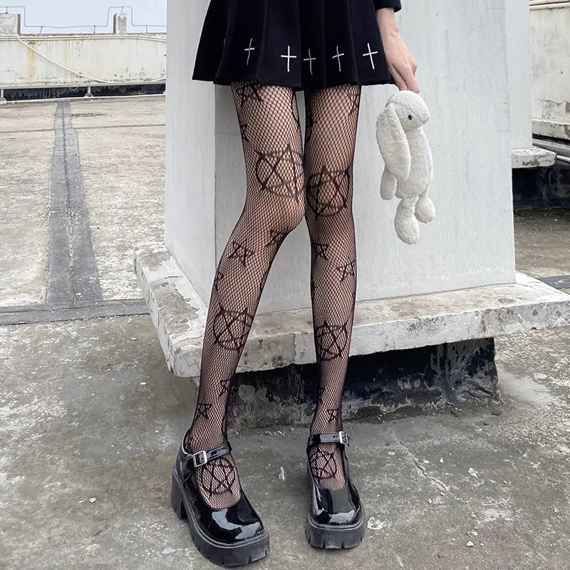 Women Sexy Gothic Punk Magical Five-Pointed Star Pantyhose Lolita Girl Cute Pentacle Circle Tight Mesh Fish Net Kawaii Stockings