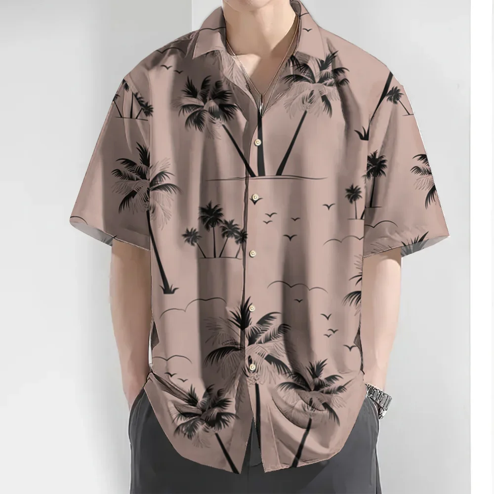 

New Hawaiian Shirt For Men3d Coconut Tree Print Short Sleeved Shirt Tops Daily Casual Male Clothing Loose Oversized Shirts 2024