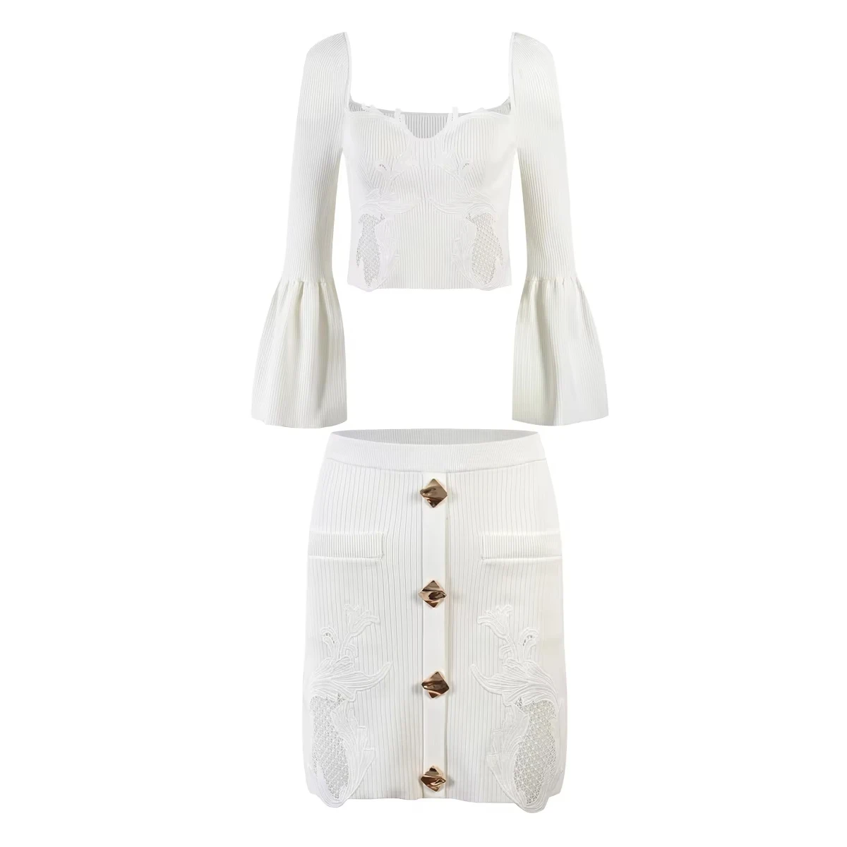 

Y2K Stylish Short Length Flare Sleeve Embrodiery Knitted Top Mini Sheath Skirt Solid White Two Pieces Sets