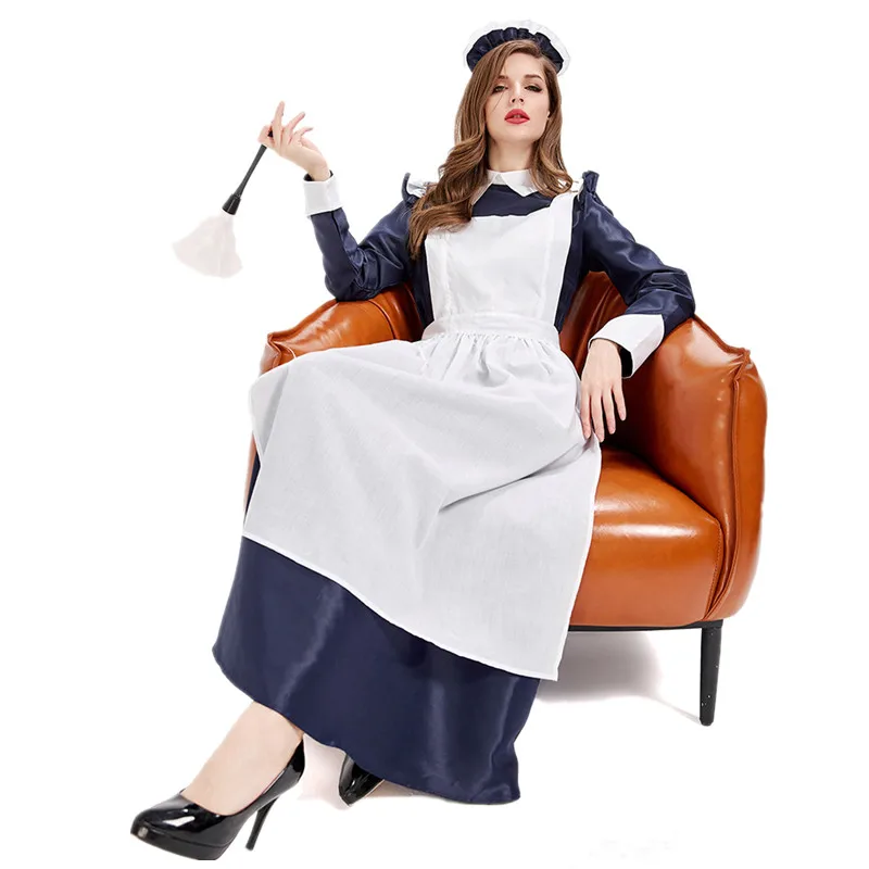 

European Classical Maid Kitchen Lady Costumes Women Navy Blue Bubble Sleeve Long Skirt Maid Dress