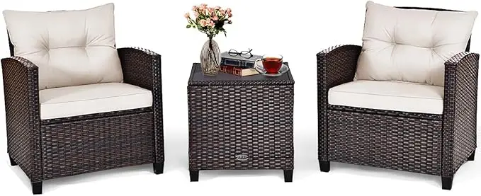 

3 Pieces Patio Furniture Set, Pe Rattan Wicker 3 Pcs Outdoor Sofa Set W/washable Cushion And Tempered Glass Tabletop,