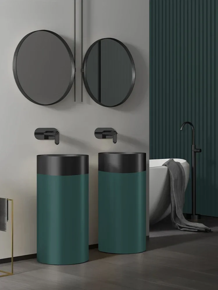 Nordic dark green stainless steel column basin, villa, homestay integrated floor mounted wash basin