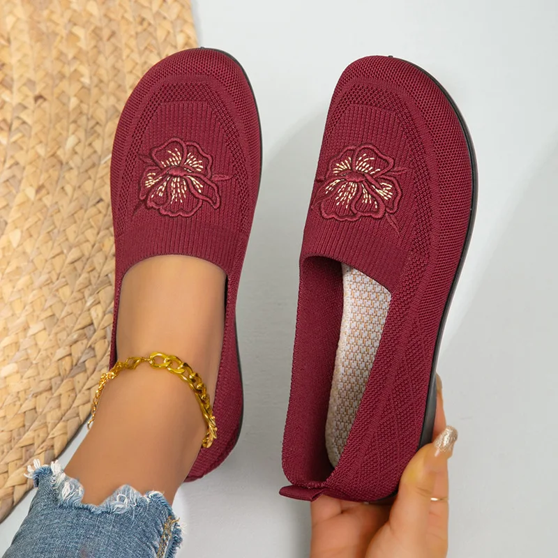 Damen-Strick-Slipper mit Blumenstickerei, flache Schuhe, atmungsaktives Mesh-Material, weiche Sohle, ideal für ältere Damen, Mütter, zum täglichen Gehen. – Detail 17