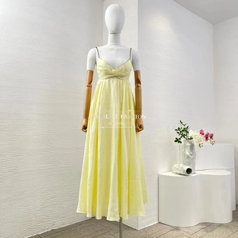 エレガントなサマードレス 2025 高品質 ベージュ 花柄プリント ノースリーブ カットアウト バックレス ミディ丈ドレス ホリデー向け