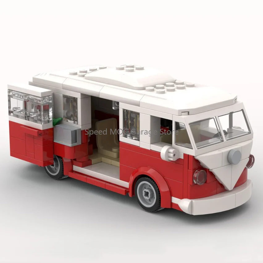 

MOC Retro Red & White Food Truck Building Blocks Set - 1960s Style Camper Van with Open Service Window, Mobile Cafe Model Kit