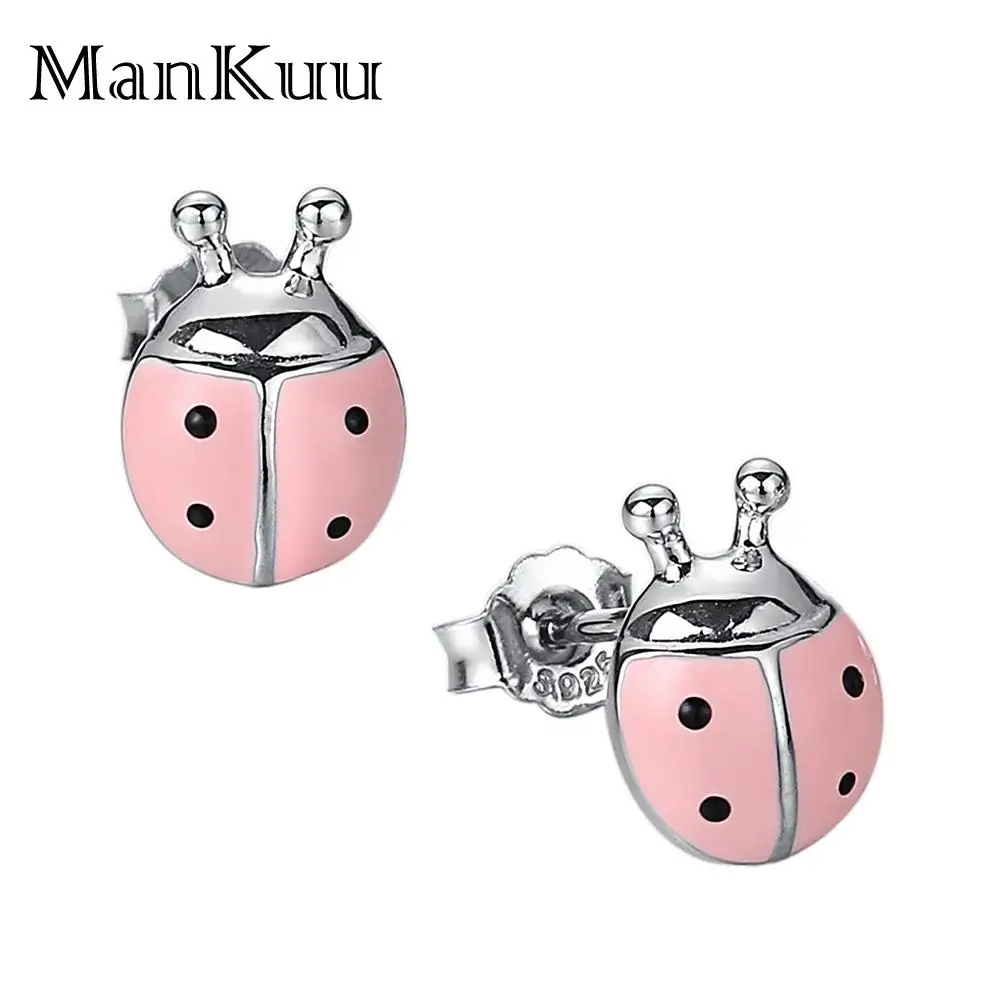 Mankuu Insects Exquisite Cute Red Pink Beetle Ladybug Stud Earrings 925 Sterling Silver For Girl Women Jewelry Gifts