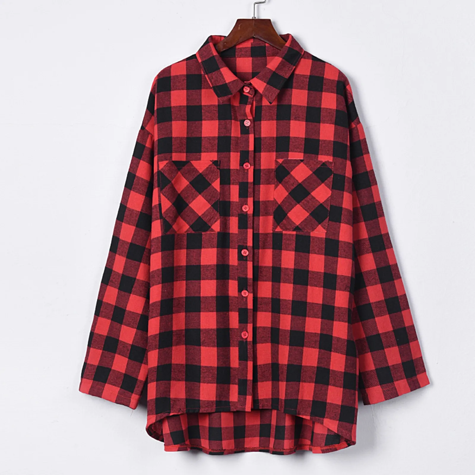 Women Classical Red Plaid Blouse Lapel Collar Pocketed Long Sleeves Button Down Cardigan Blouse Tops Ladies Casual Autumn Shirt