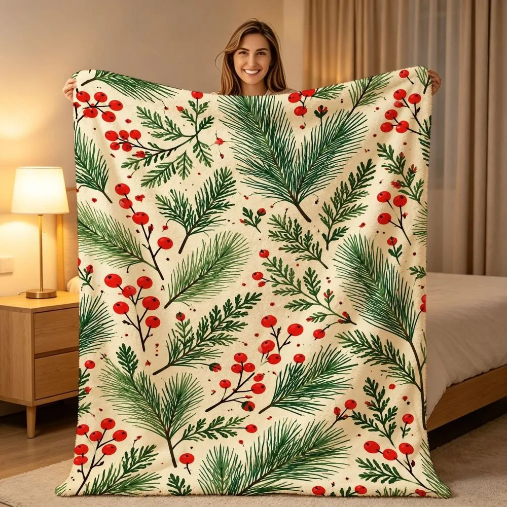 Vibrant Yuletide Season Print Throw Blanket Pine Needle Red Wild Berry Foliage Pattern Soft Warm Sofa Bed Blanket All Season