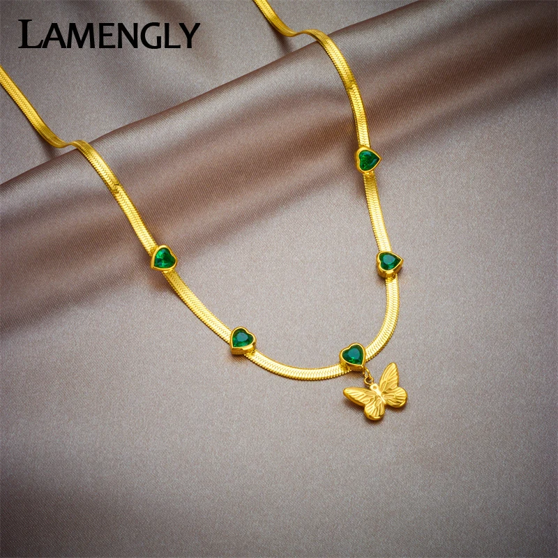 LAMENGLY 316L Stainless Steel Heart Green White Crystal Butterfly Pendant Necklace For Women New Trend Girls Chain Jewelry Gifts