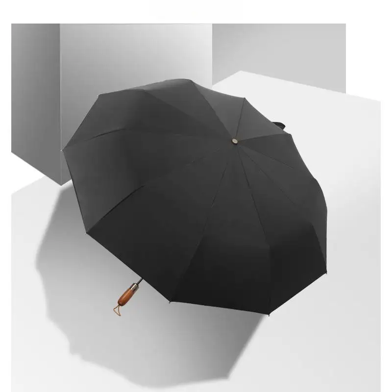 High-end 10-rib Double-layer Automatic Umbrella Simple Men's Business Tri-fold Solid Wood Handle Car-mounted Gift Umbrella