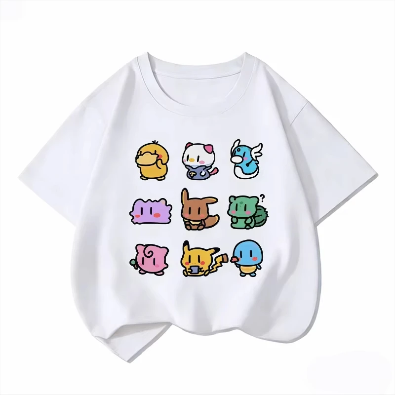 3×3 Grid Chibi Elf Kids Tee, Nine Cute Mini Cartoon Creature Prints Soft Cotton Top For Children Daily Play Casual Outfits