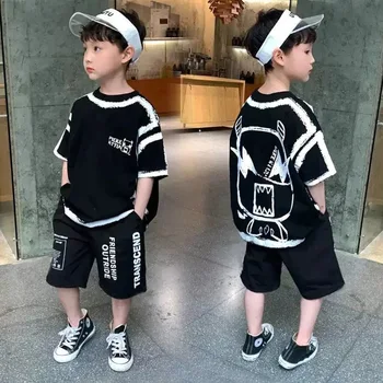 여름 캐주얼 소년 코튼 대비 알파벳 그래피티 티셔츠, 상의 및 반바지 세트, 학교 어린이 운동복, 어린이 복장, 5-14 세, 2 피스