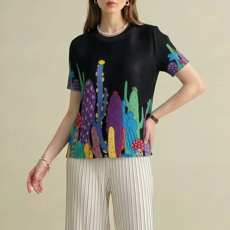 Miyake Pleated T-Shirt Plisse 2026 Summer New Cactus Print Fashion Commuter Versatile Playful Pleated Round Neck Fold Top Women