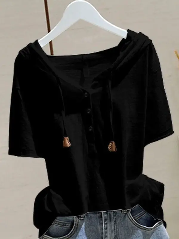 Cseta de aodón de manga corta con capucha de estilo europeo a la moda, Top de talla ande para mujer, versión coreana I...