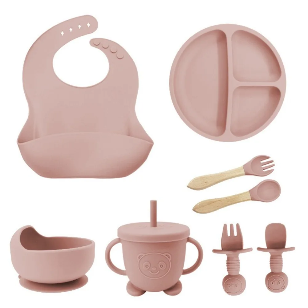 

8/5Pcs Food Grade Silicone Children's Rice Bowl Set with Spoon Straw Cup Dish Set Bibs Suction Cup Design Toddler Dishes