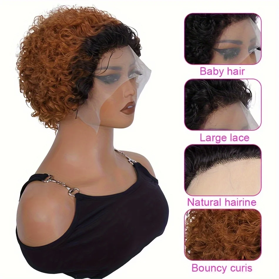 150% Density 13x1 Brazilian Lace Front Human Hair Wig Short Curly Lace Front Wigs Transparent Lace Frontal Wigs Color 1B/30