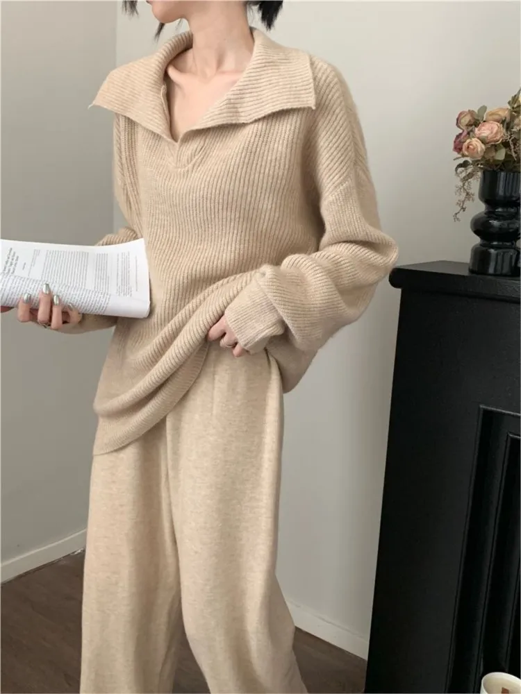 

Autumn Winter Women's Knitted 2-piece Set Lapel Pullover Sweater Long Pants Korean Fashion Casual Female Clothing Knitwear New